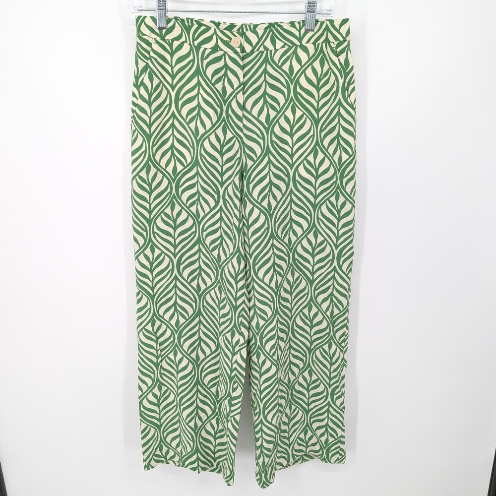 H&M Wide Leg Pants Womens 6 Green Leaf Print High Rise Viscose Blend Vacation